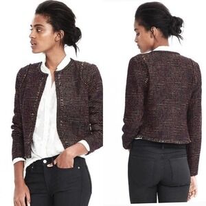 Banana Republic Black Burgundy Silver Boucle Tweed Jacket Blazer Frayed‎ Trim